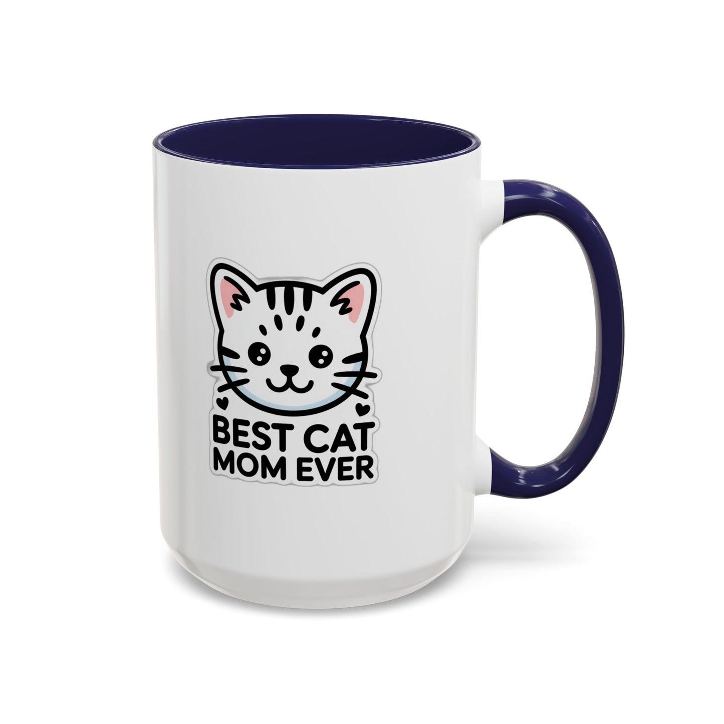 Best Cat Mom Ever Accent Coffee Mug - Kawaii Grey Tabby Cat Gift - 11oz Ceramic Cup