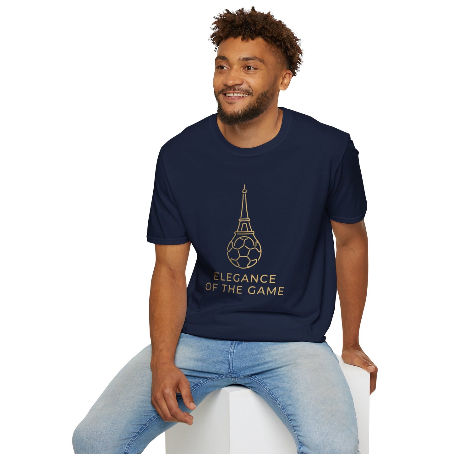 Elegance of the Game Soccer Tee — Eiffel Tower Gold Line-Art Graphic