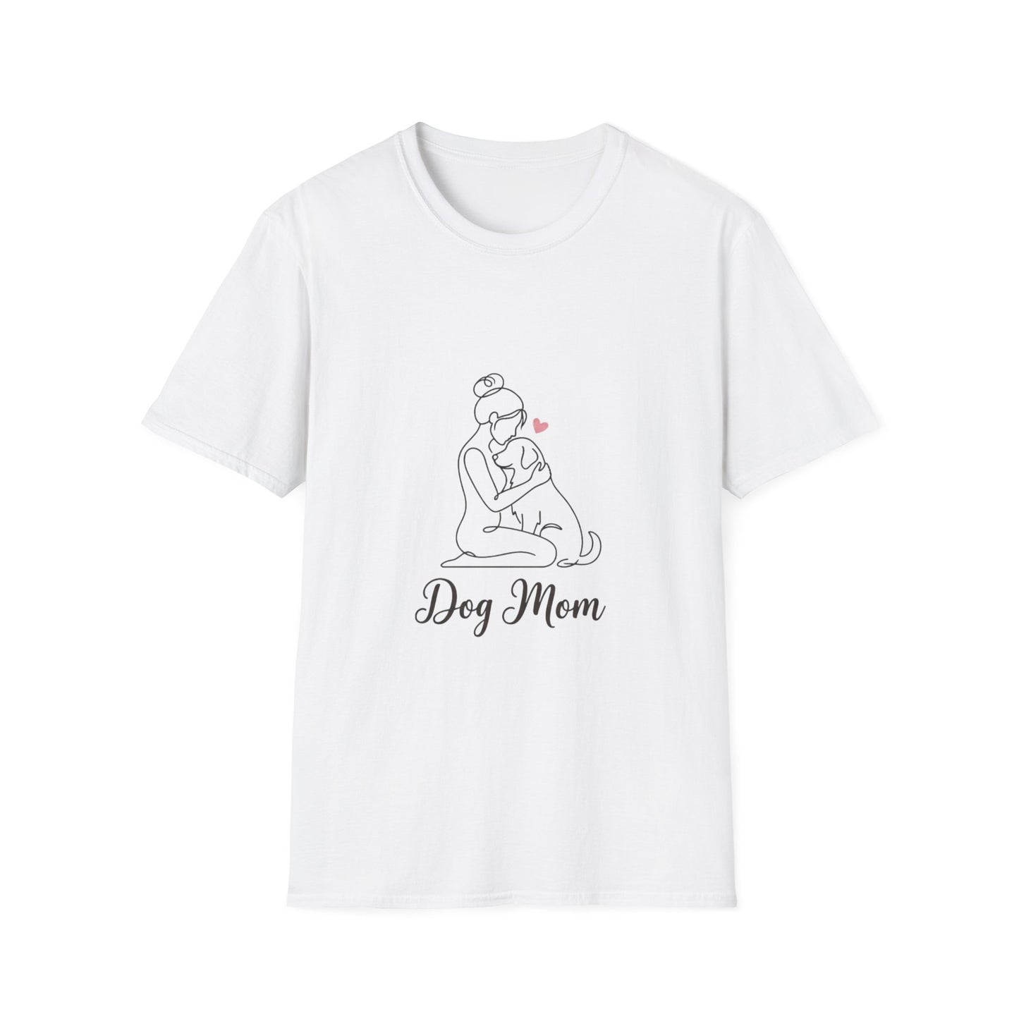 Dog Mom Line-Art Tee — Minimalist Pink Heart Graphic