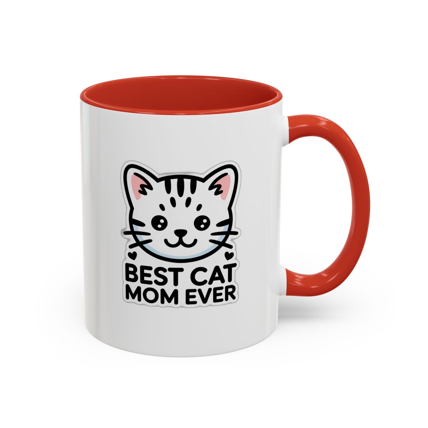 Best Cat Mom Ever Accent Coffee Mug - Kawaii Grey Tabby Cat Gift - 11oz Ceramic Cup