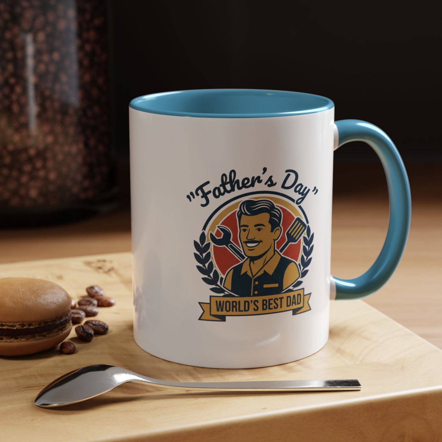World's Best Dad Accent Coffee Mug — Vintage Wrench & Spatula Father's Day Gift