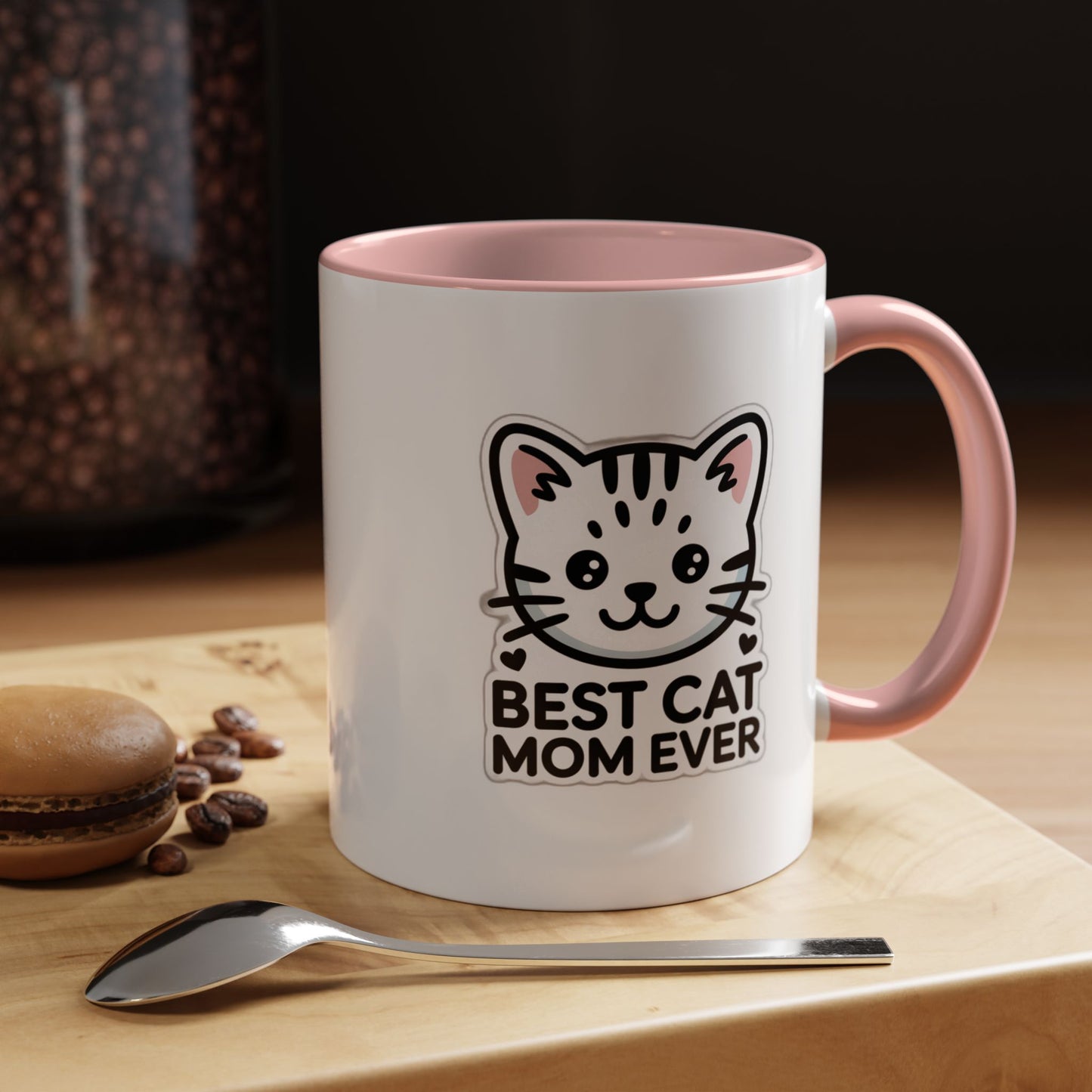 Best Cat Mom Ever Accent Coffee Mug - Kawaii Grey Tabby Cat Gift - 11oz Ceramic Cup