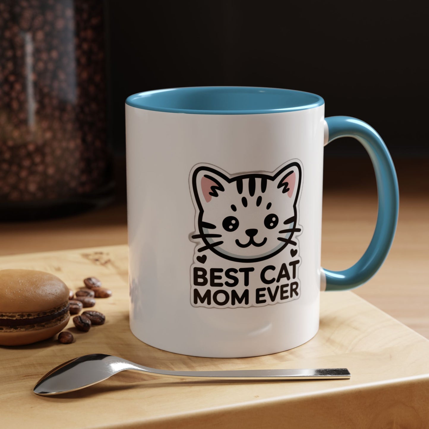 Best Cat Mom Ever Accent Coffee Mug - Kawaii Grey Tabby Cat Gift - 11oz Ceramic Cup