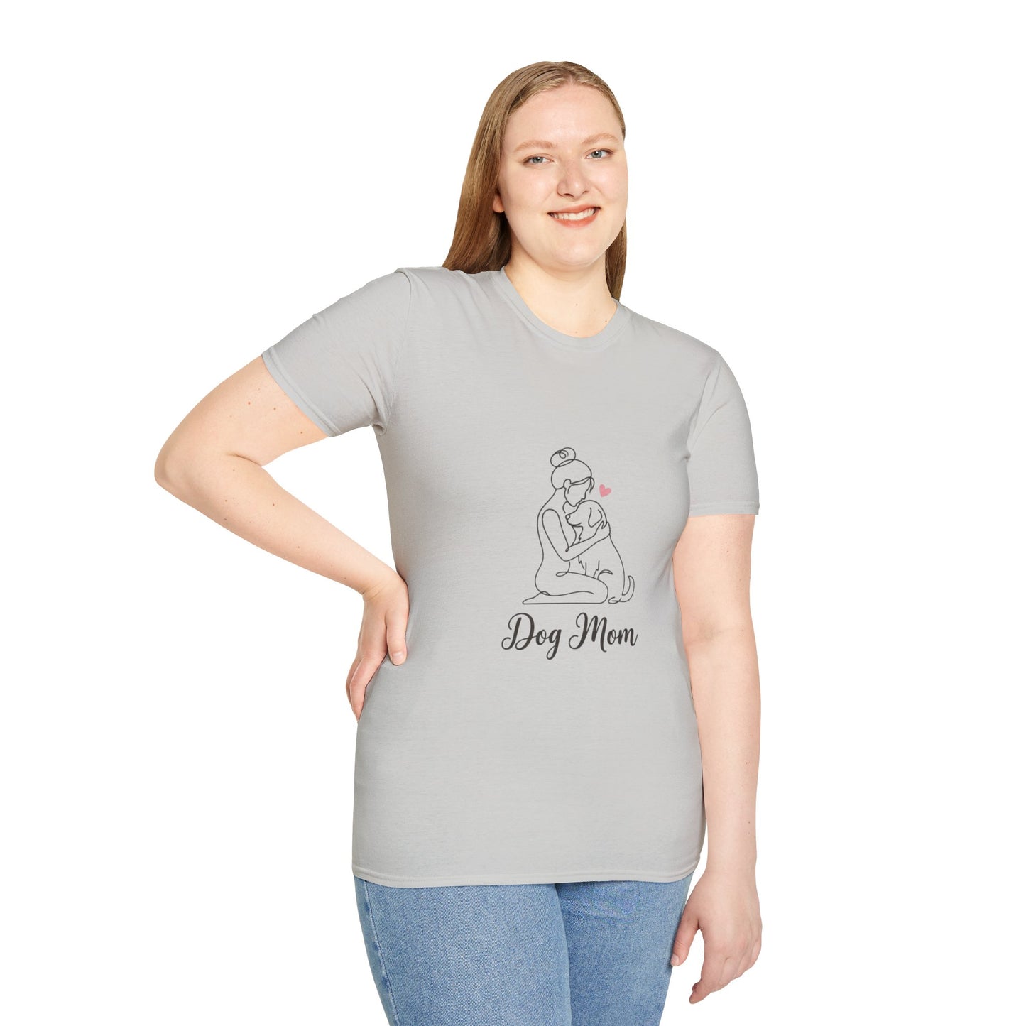 Dog Mom Line-Art Tee — Minimalist Pink Heart Graphic