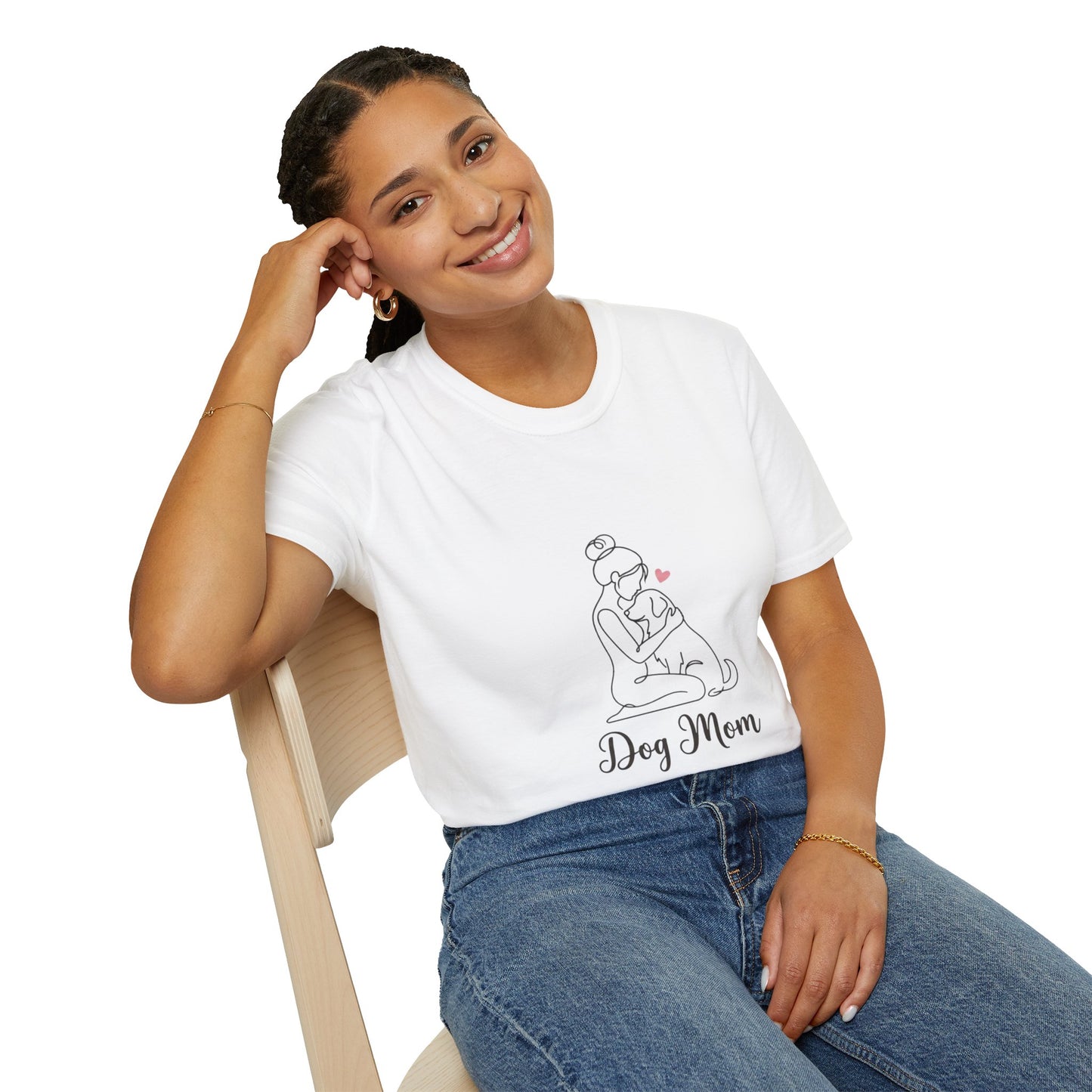 Dog Mom Line-Art Tee — Minimalist Pink Heart Graphic