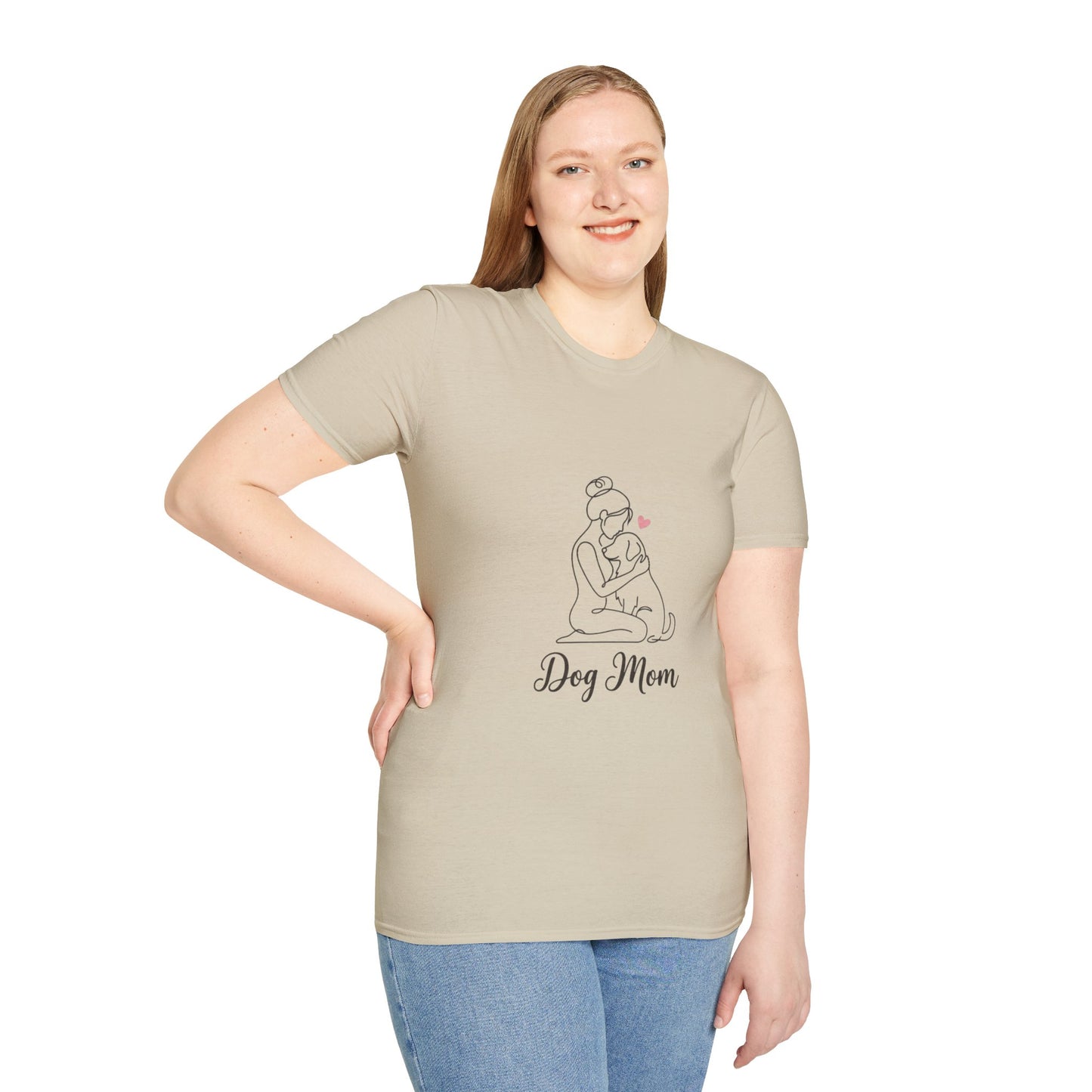 Dog Mom Line-Art Tee — Minimalist Pink Heart Graphic