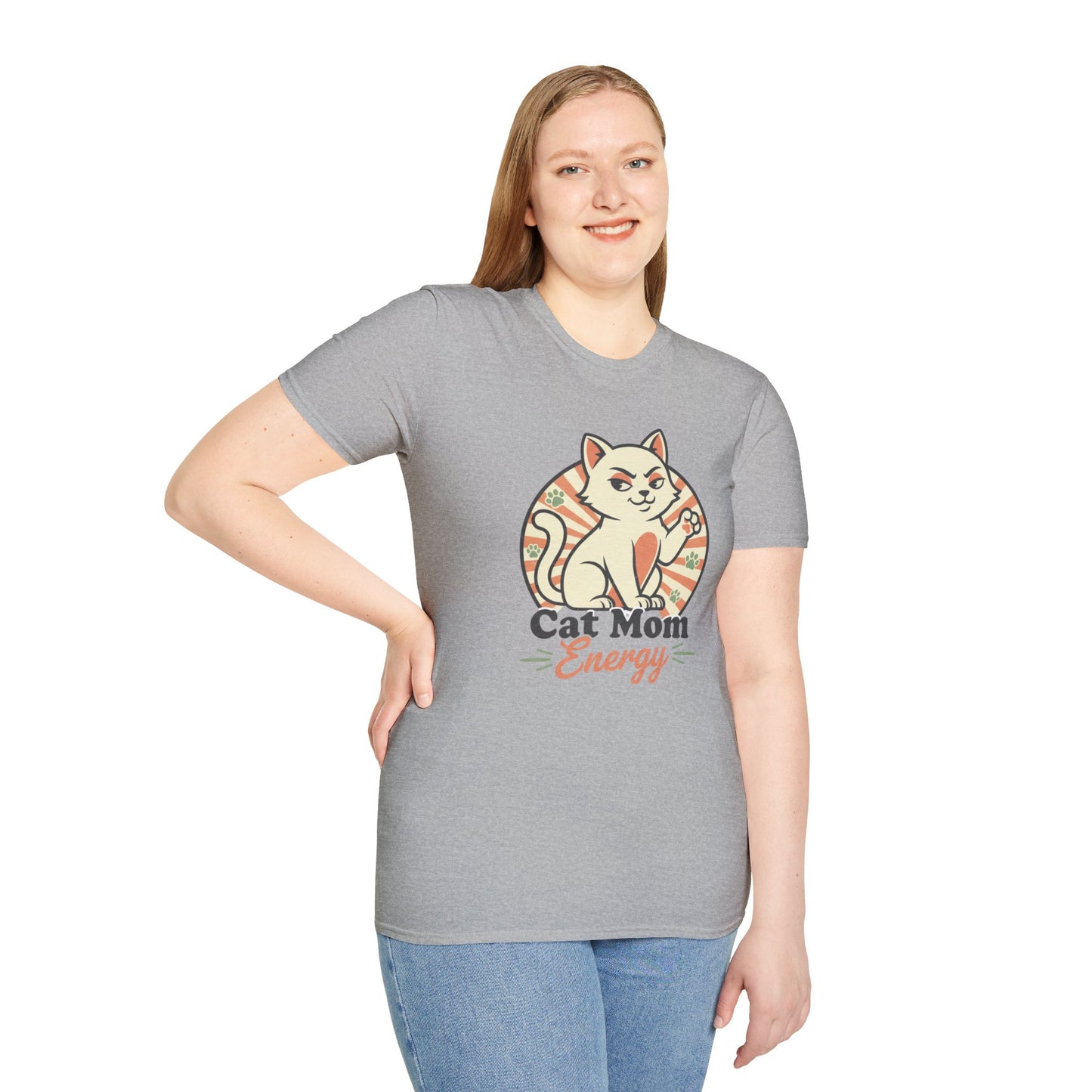 Cat Mom Energy T‑Shirt — Retro Smirking Cat Graphic