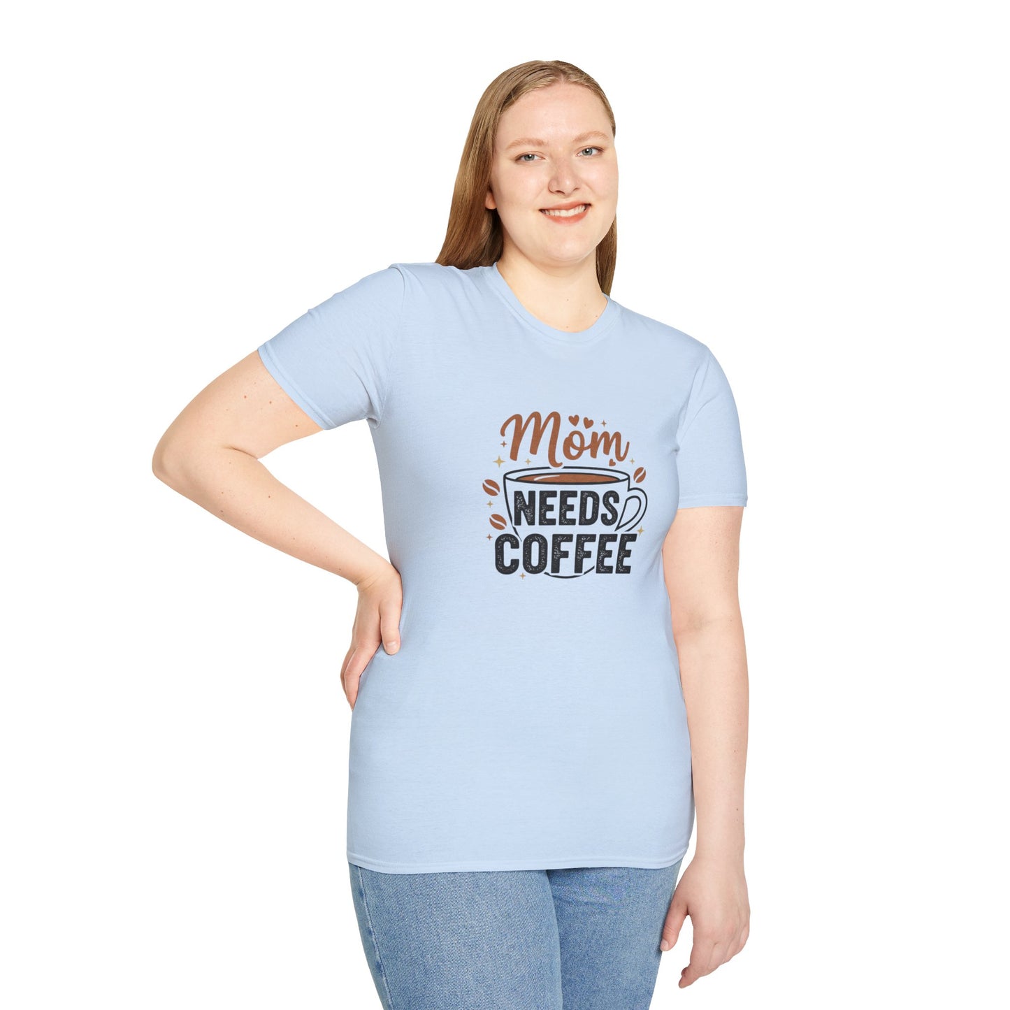 Mom Needs Coffee T-Shirt — Steaming Cup, Coffee Beans & Gold Stars